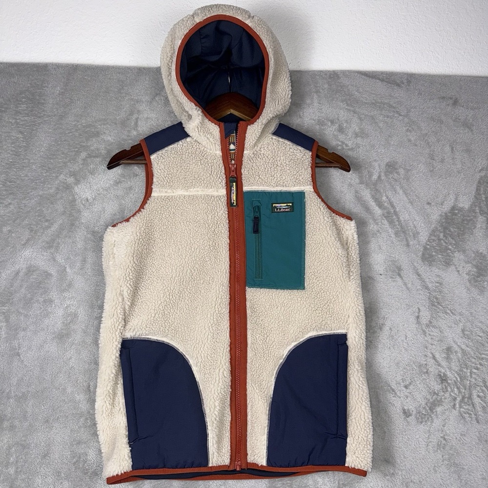 L.L. Bean Kids Cream Sherpa Vest with Navy and Teal Accents